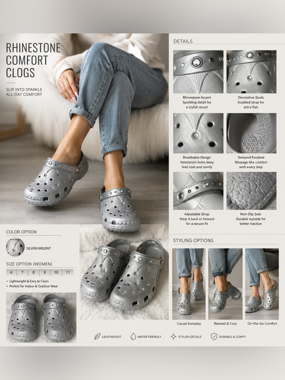 Pair of silver rhinestones comfort sides made of man-made materials